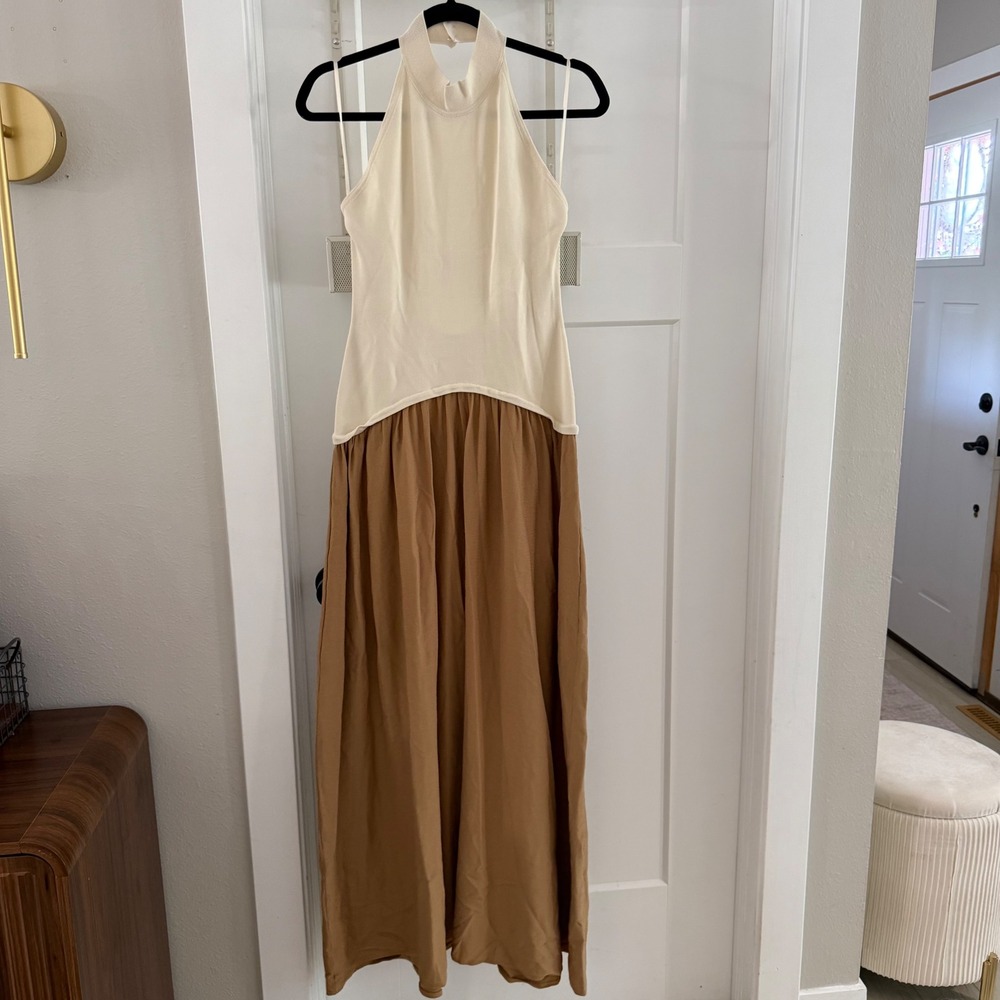 Solid & Striped Halter Soglio Dress Ecru Camel Two-Tone Maxi L Quiet Luxury
